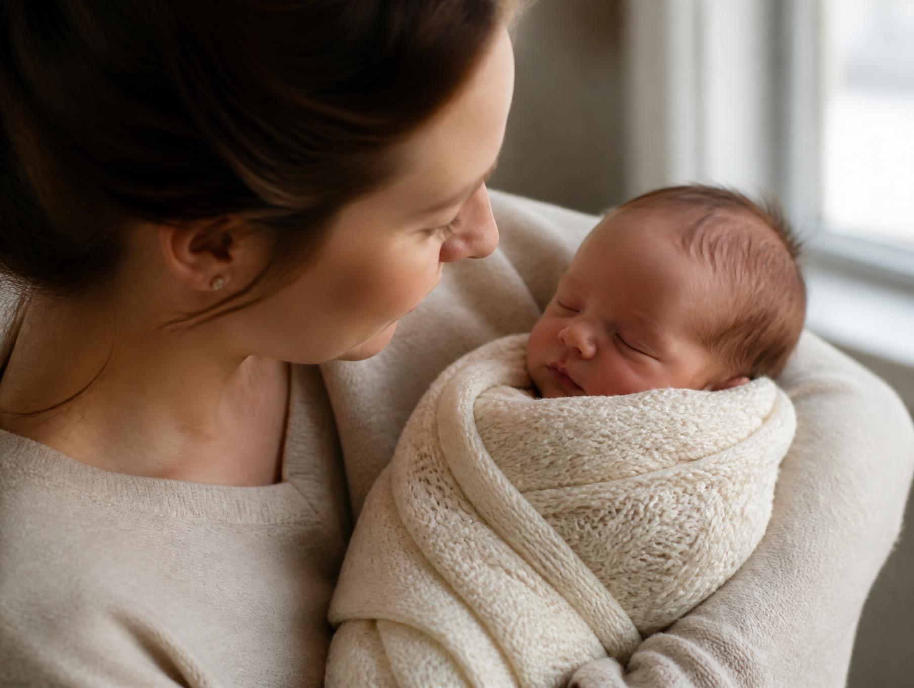 A swaddled newborn sleeping in a parent's arms